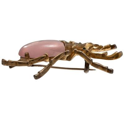 Rose Quartz, Silver Gilt Stag Beetle Pin, Georg Jensen