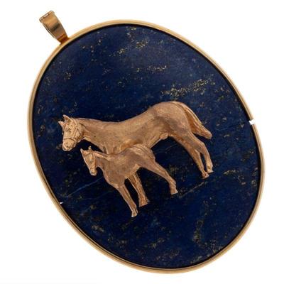 Lapis Lazuli, 14k Yellow Gold Horse-Themed Pin Pendant