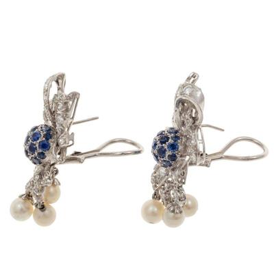 Pair of Diamond, Sapphire, Cultured Pearl, Platinum, 14k Earrings