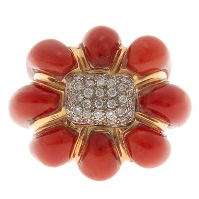 Retro Coral, Diamond, 14k Yellow Gold Ring