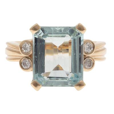 Aquamarine, Diamond, 14k Yellow Gold Ring