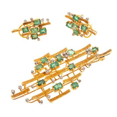 Modernist Emerald, Diamond, 14k Yellow Gold Jewelry Suite