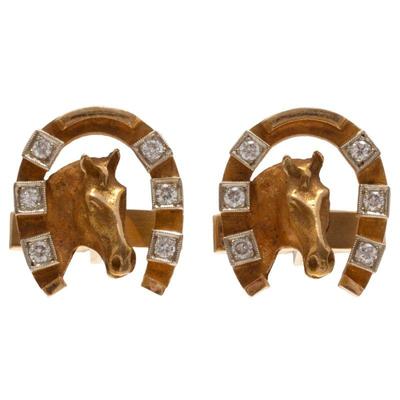Pair of Diamond, 14k Yellow Gold Equestrian-Themed Cufflinks