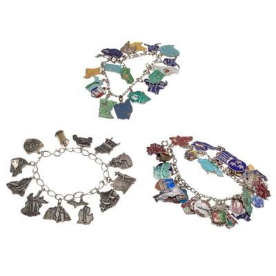 Collection of Three Vintage Enamel, Silver Travel Related Charm Bracelets