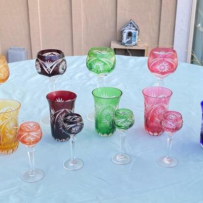 Set of 20 Vintage Bohemian Cut-to-Clear Crystal Glasses – Mixed Colors & Sizes