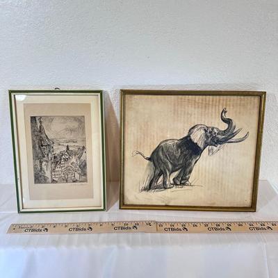Pair of Framed Vintage Art Prints – Elephant Drawing & Etched European Townscape