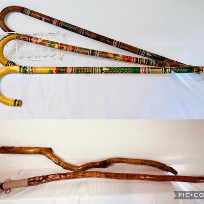 Lot of 5 Handcrafted Walking & Hiking Canes – Painted & Carved Wood Designs