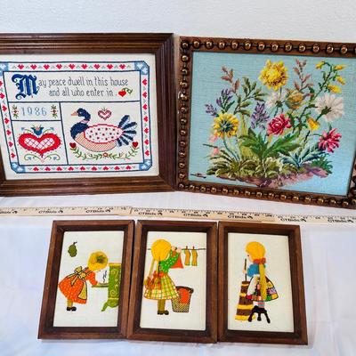 Vintage Needlework Art – Set of 4 Framed Pieces