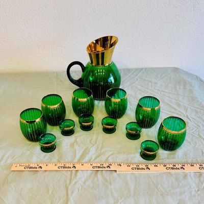 Vintage Emerald Green Glassware Set with Gold Trim