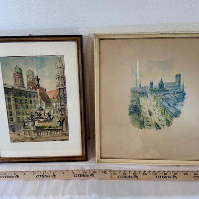Vintage Munich Architecture Watercolor – Signed by Artists
