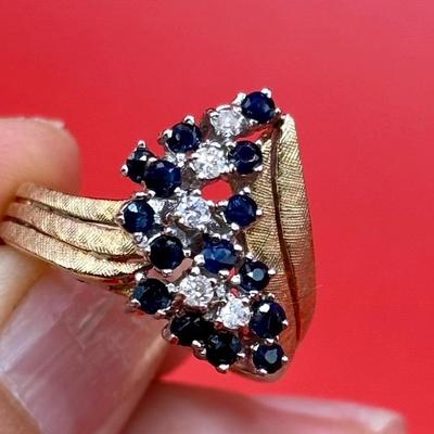 Vintage 14K Gold Blue Sapphire & Diamond Cluster Cocktail Ring 