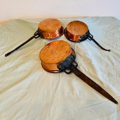 Set of 3 Vintage Copper Pots with Iron Handles