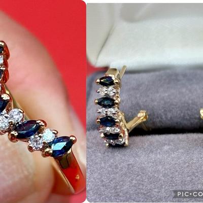 Elegant 2 Piece Blue Sapphire & Diamond Jewelry Set – Ring & Earrings in 14K Gold