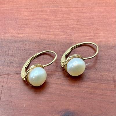 14K AVN Freshwater Pearl Euro Wire Leverback Drop Earrings