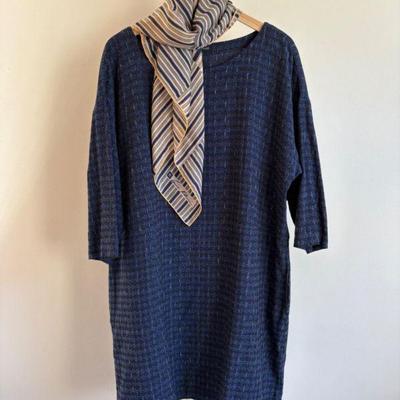 Blue Woven Cotton Dress & Scarf - Eileen Fisher/Anne Klein
