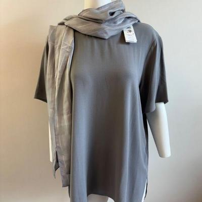Grey Silk Shirt & Scarf - Eileen Fisher - New w/ Tag
