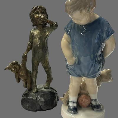 BO108 - 2 Figurals of Boy with Teddy Bear - Mark Hopkins Bronze and Royal Copenhagen Porcelain