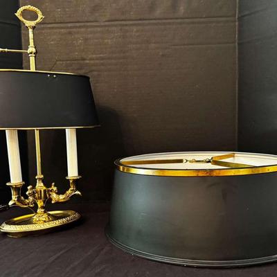 Vintage French Bouillette Double Brass Table Lamp With Tole Shade