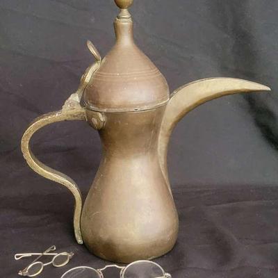 Antique Large Brass Dallah Coffee Tea Pot & Vintage Eye Glasses