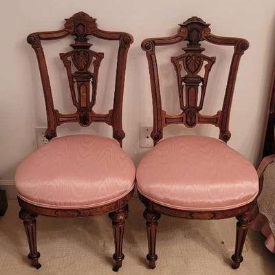 Pair of Antique Victorian Carved Mahogany Side Chairs