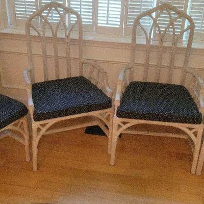 Set of 4 Whitewashed Rattan Dining Chairs with Attached Cushions