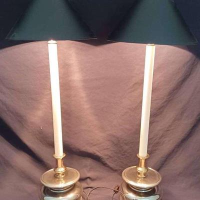Mid-Century Tall Buffet Candlestick Lamps With Tole Shades