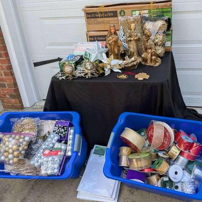 Christmas: Large Nativity, Ribbon, Lights Decor & Two 3' Trees