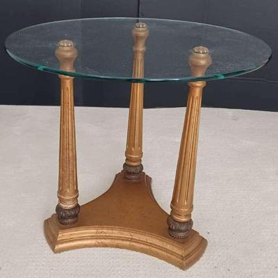 Hollywood Regency Round Glass Top End Table With Gilt Gold- 3 Column Legs