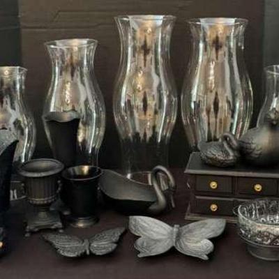 Glass Hurricane Candle Holders And Black Decor