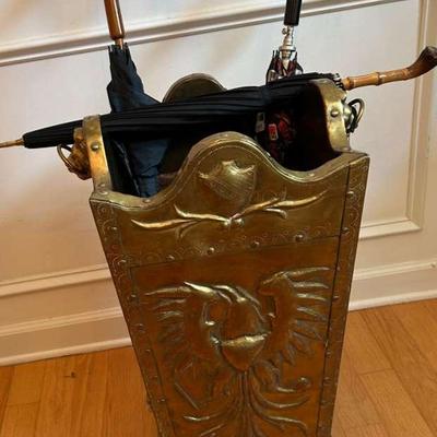 Brass Encased Umbrella Stand With Three Wood Handled Umbrellas