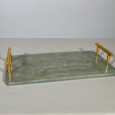 Handled Serving Tray | Acrylic/Lucite marbled green shaded tray with two gold handles. - w. 8 x l. 14 in
