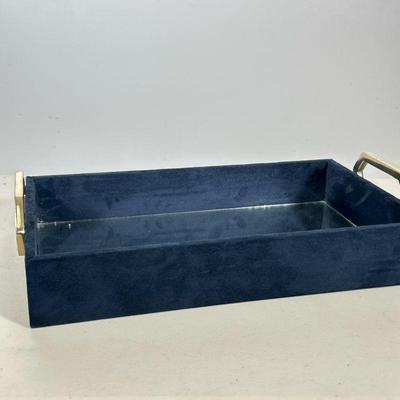 TEHARI MIRRORED TRAY | Blue velvet rectangular tray with inside mirror and silver handles. Dimensions: w. 10 x l. 17 in