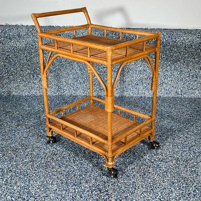 RATTAN BAR CART | Rattan bar cart with bent wood frame, on casters. Dimensions: h. 35 x w. 18 x l. 36 in

