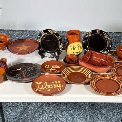 (20pc) MIXED LOT RED WARE / EARTHEN WARE DISHES | Assorted pottery including 10 plates/serving plates, 1 large pitcher, 2 small pitchers,...