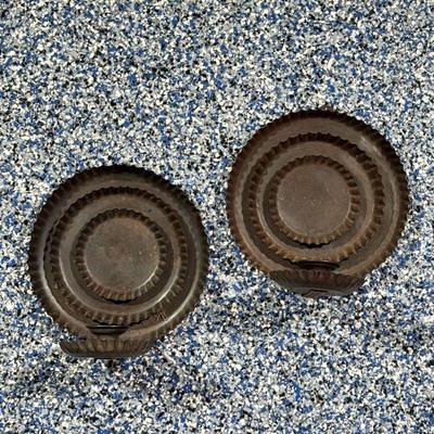 (2pc) PAIR ANTIQUE Pie Dish Sconces | Pair of antique folk art pie dish tin candlestick sconces. Dimensions: dia. 9 in
