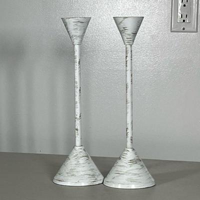 (2pc) PAIR PAINTED BRASS CANDLESTICKS | Pair of painted candlesticks. Dimensions: h. 13 x dia. 4 in
