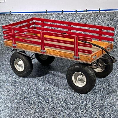EXPRESS WAGONS RED FARM WAGON | Red farm wagon with removable sides, brake, large wheels and pull. Made by Express Wagons. Dimensions: h....