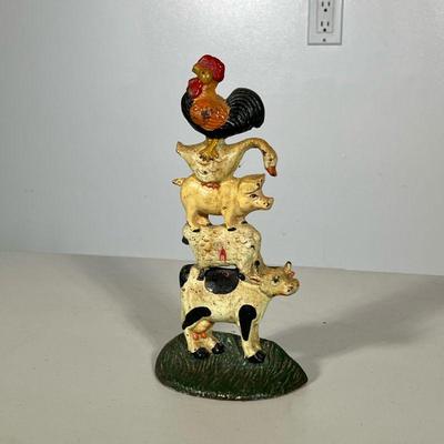 VINTAGE CAST IRON FARM ANIMAL DOOR STOP | Cast iron door stop with stacked painted farm animals. - h. 11 x w. 5.5 x d. 2.5 in
