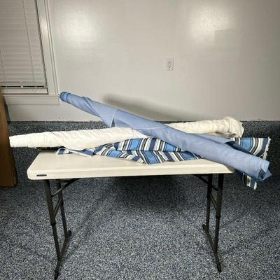 (3pc) MISC. BOLTS OF FABRIC | 3 bolts of fabric, linen and cotton. Shades of blue and white. Dimensions: l. 57 in (Blue bolts)