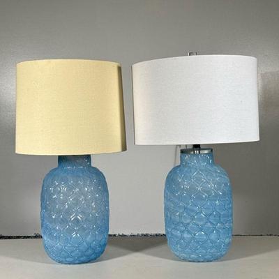 (2pc) PAIR BLUE GLASS LAMPS | Pair of blue glass formed lamps. Dimensions: h. 25 x dia. 8 in
