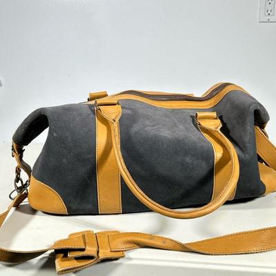 SSO DUFFLE BAG | Suede with leather trim bag by SSO, inside zipper pocket plus two others comes with shoulder strap. Dimensions: h. 13 x...