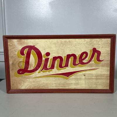 WOOD DINNER SIGN | Red trimmed & painted wood "Dinner" sign. Dimensions: h. 11 x l. 20 in
