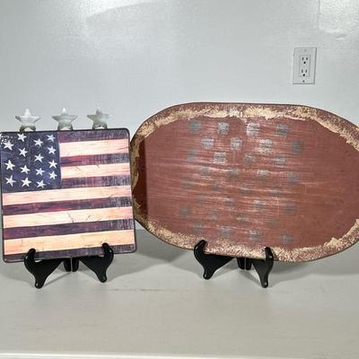 (2pc) AMERICANA FOLK Wall Art | American flag wall art and watermelon wood artwork. Dimensions: h. 11 x l. 19 in (Watermelon)
