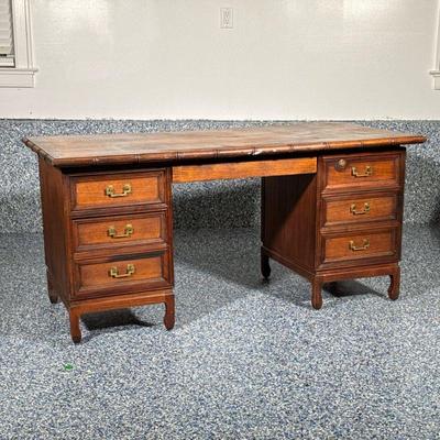 ASIAN STYLE DESK | Inlay wood top desk with bamboo form border having carved front. Dimensions: h. 28.5 x w. 30 x l. 60 in
