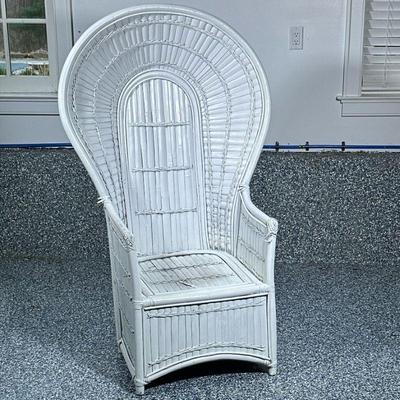 SPLIT BAMBOO Peacock Chair | White split bamboo and rattan, high back throne/peacock chair. Dimensions: h. 58 x w. 36 x d. 25 in