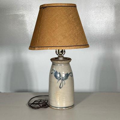 Stoneware Pottery Table Lamp | Stoneware pottery lamp with burlap shade. - h. 24 x w. 14 in
