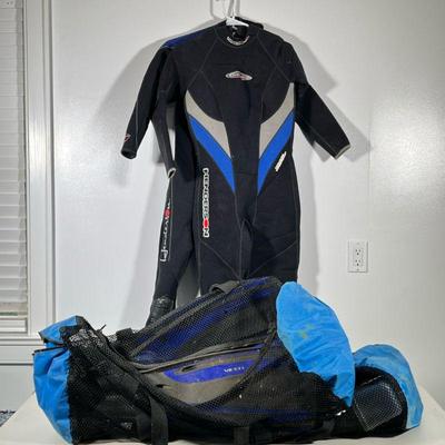(4pc) Scuba Diving Gear | Two mesh bags of scuba equipment. Henderson Dive Wear suits sized 10 and small. Boots, snorkels and masks.
