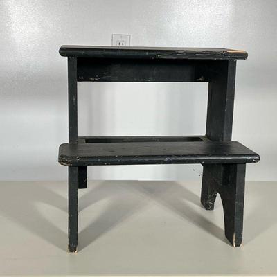 WOOD STEP STOOL | Carved wood black painted 2-step stool. - h. 16 x l. 16 x d. 12 in
