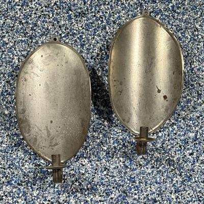 (2pc) PAIR CANDLE WALL SCONCES | Pair of curved oval tin candlestick wall sconces. Dimensions: h. 17 x w. 8 in
