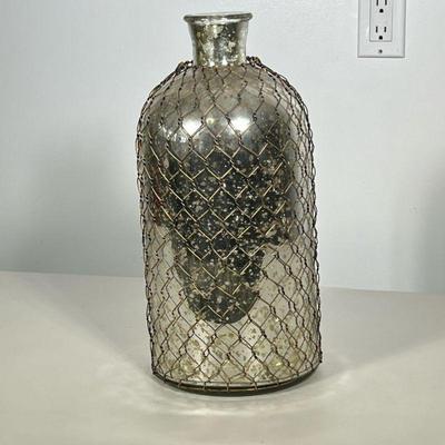 MIRRORED GLASS BOTTLE | Mirrored glass bottle with wire frame. - h. 16 x dia. 7.5 in
